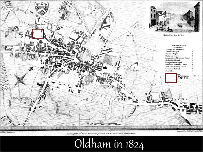 Oldham in 1824 (red square indicates location of 'Bent')